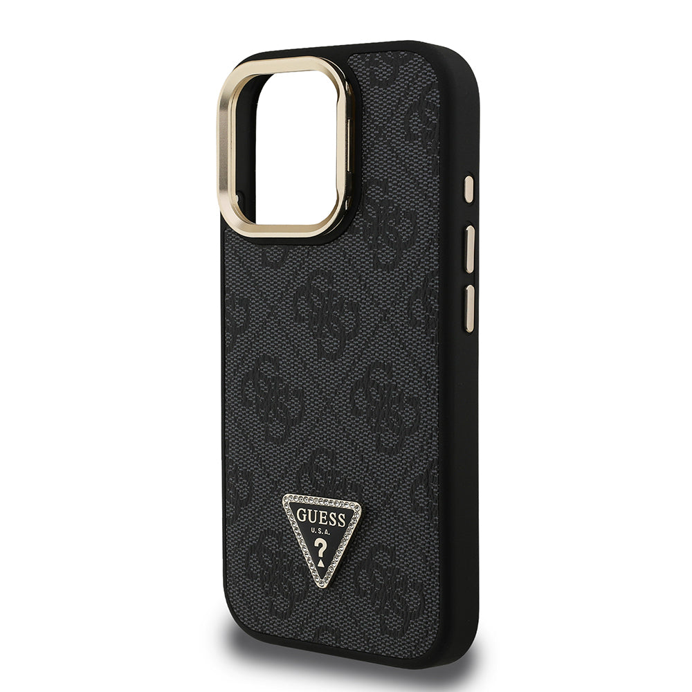 Guess iPhone 15 Pro Orjinal Lisanslı PU Deri Taşlı Üçgen Logo 4G Desenli Kamera Standlı Kılıf