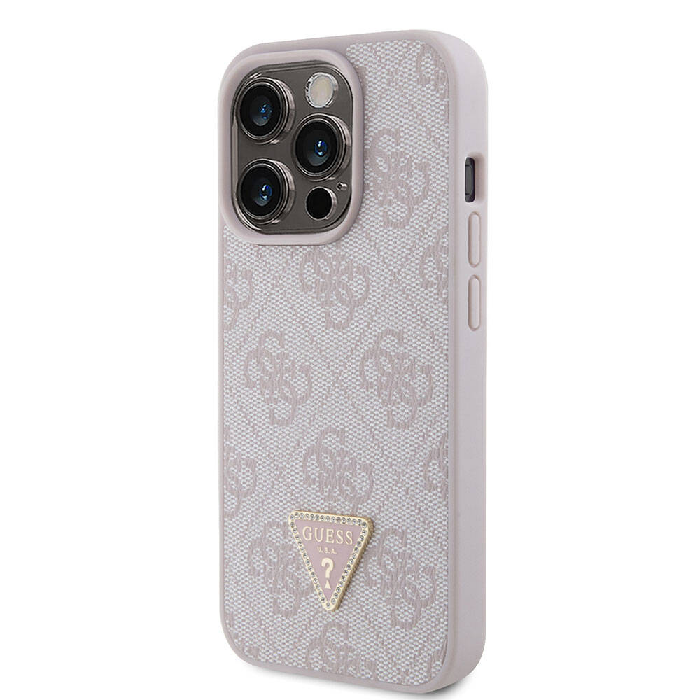Guess iPhone 15 Pro Orjinal Lisanslı PU Deri Taşlı Üçgen Logo 4G Desenli Strass Telefon Kılıfı - 2