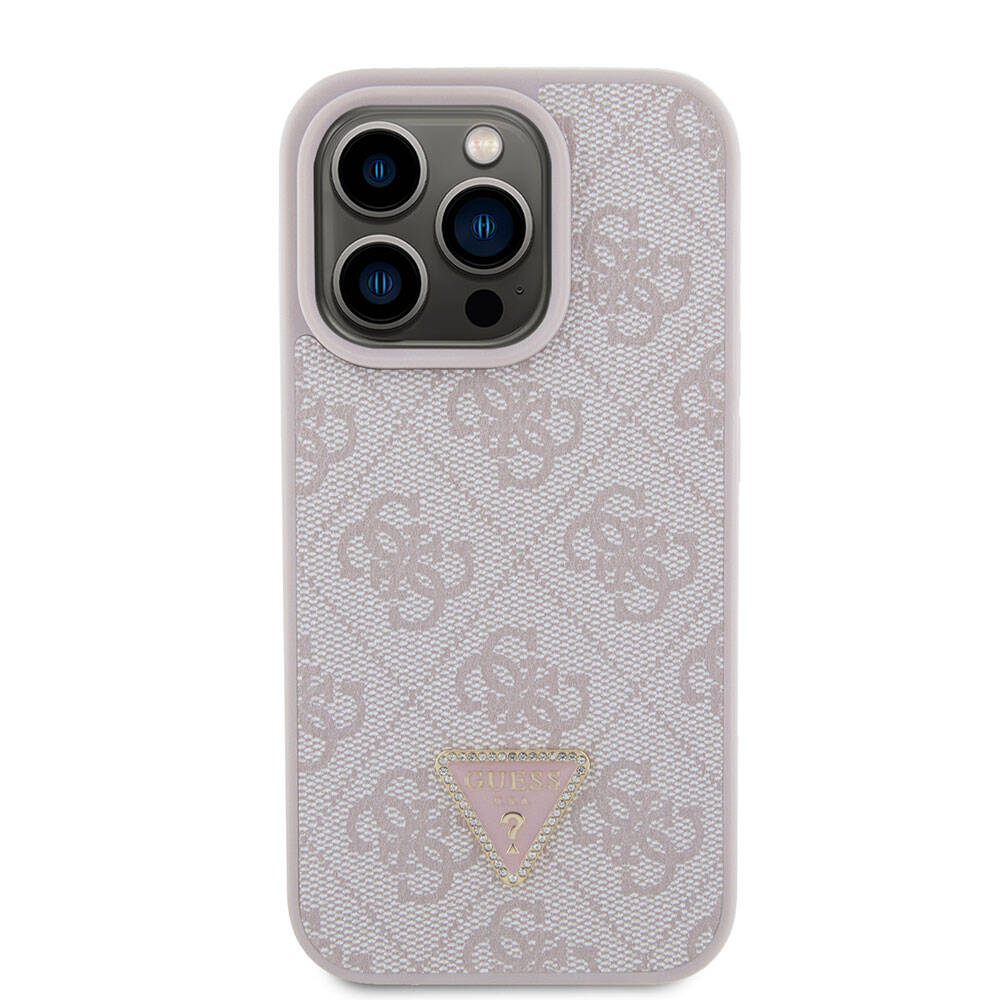 Guess iPhone 15 Pro Orjinal Lisanslı PU Deri Taşlı Üçgen Logo 4G Desenli Strass Telefon Kılıfı - 3