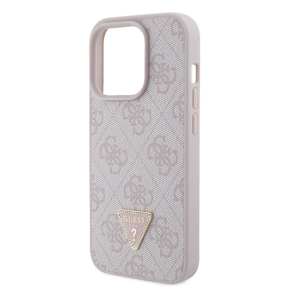 Guess iPhone 15 Pro Orjinal Lisanslı PU Deri Taşlı Üçgen Logo 4G Desenli Strass Telefon Kılıfı - 5