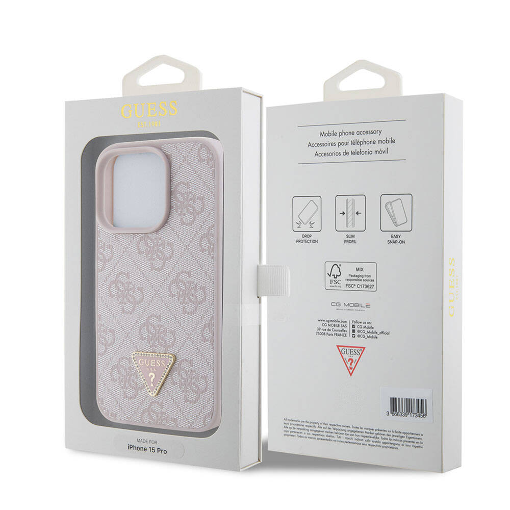 Guess iPhone 15 Pro Orjinal Lisanslı PU Deri Taşlı Üçgen Logo 4G Desenli Strass Telefon Kılıfı - 7