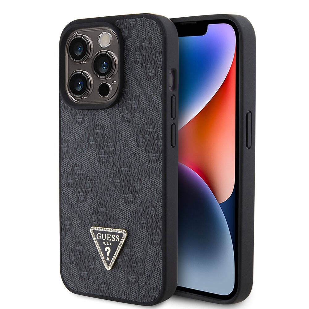 Guess iPhone 15 Pro Orjinal Lisanslı PU Deri Taşlı Üçgen Logo 4G Desenli Strass Telefon Kılıfı - 8