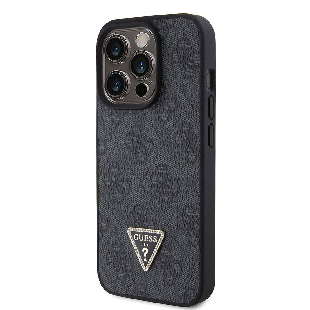 Guess iPhone 15 Pro Orjinal Lisanslı PU Deri Taşlı Üçgen Logo 4G Desenli Strass Telefon Kılıfı - 9