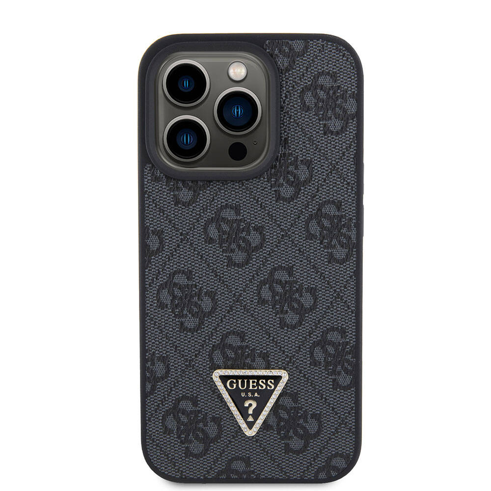 Guess iPhone 15 Pro Orjinal Lisanslı PU Deri Taşlı Üçgen Logo 4G Desenli Strass Telefon Kılıfı - 10