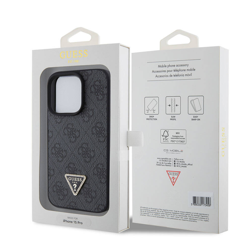 Guess iPhone 15 Pro Orjinal Lisanslı PU Deri Taşlı Üçgen Logo 4G Desenli Strass Telefon Kılıfı - 14