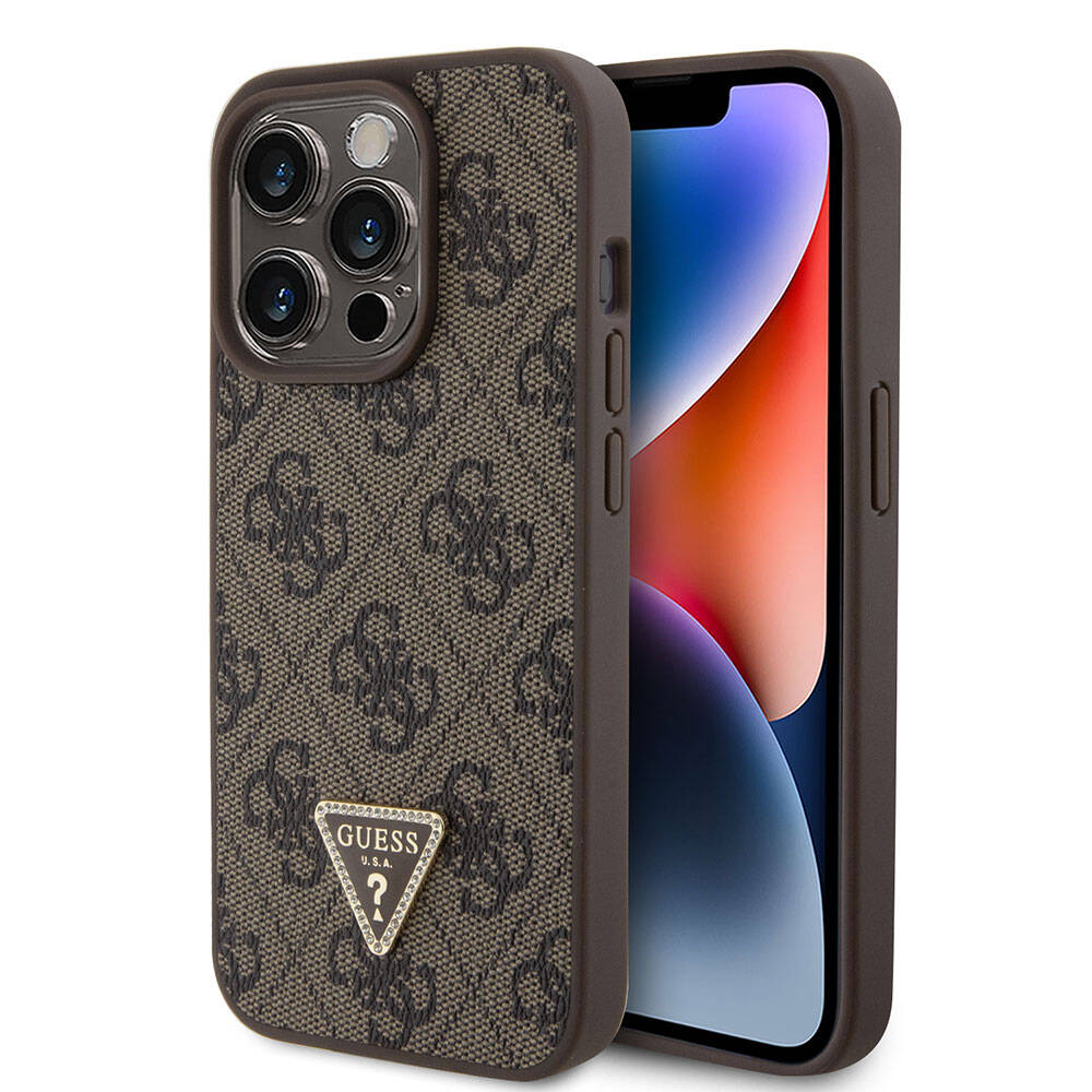 Guess iPhone 15 Pro Orjinal Lisanslı PU Deri Taşlı Üçgen Logo 4G Desenli Strass Telefon Kılıfı - 15