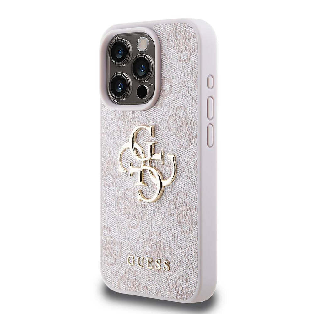 Guess iPhone 15 Pro Orjinal Lisanslı PU Deri Yazı ve 4G Metal Logolu Desenli Telefon Kılıfı - 15