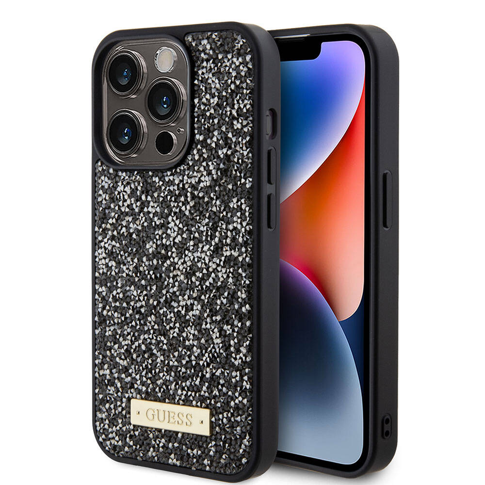 Guess iPhone 15 Pro Orjinal Lisanslı Taşlı Arka Yüzey Metal Yazı Logolu Telefon Kılıfı - 9