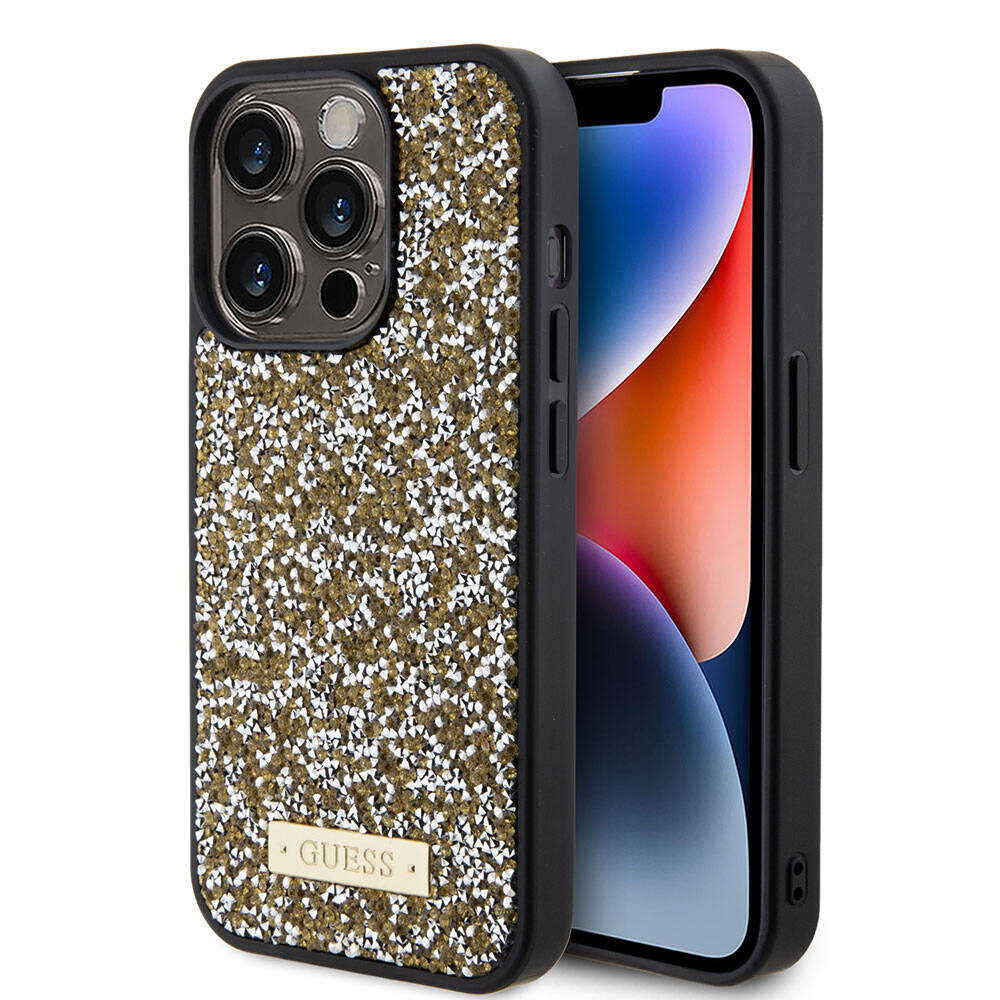 Guess iPhone 15 Pro Orjinal Lisanslı Taşlı Arka Yüzey Metal Yazı Logolu Telefon Kılıfı - 22