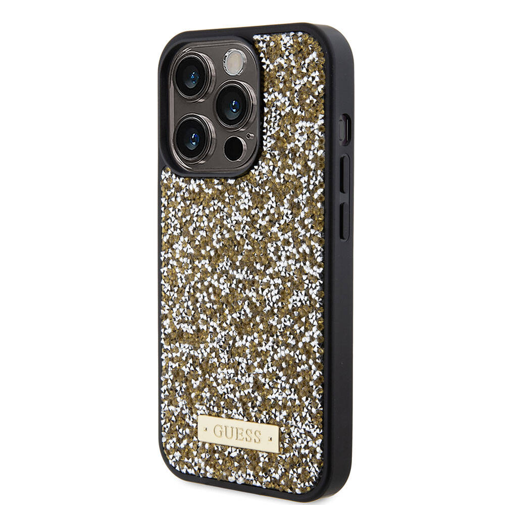 Guess iPhone 15 Pro Orjinal Lisanslı Taşlı Arka Yüzey Metal Yazı Logolu Telefon Kılıfı - 23