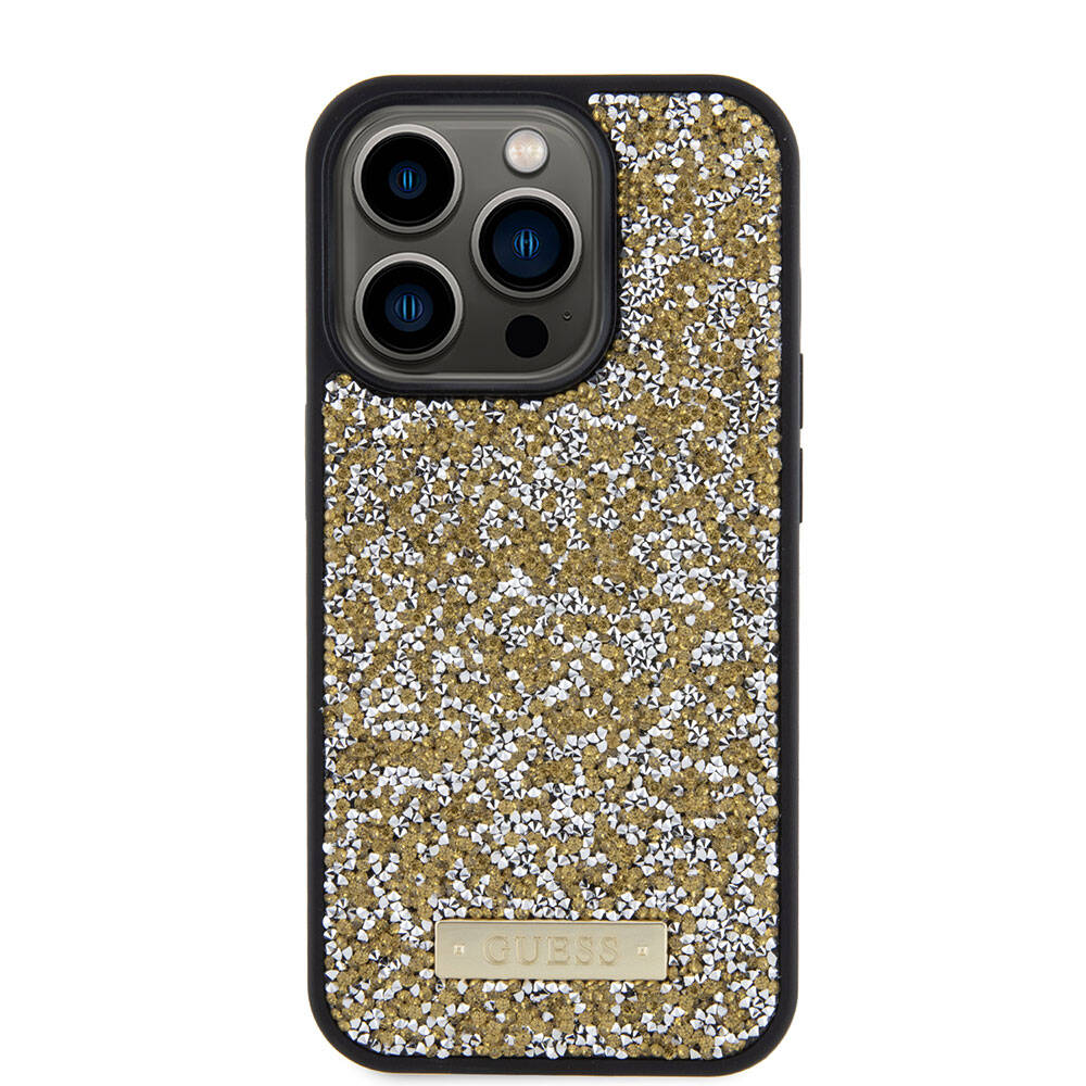 Guess iPhone 15 Pro Orjinal Lisanslı Taşlı Arka Yüzey Metal Yazı Logolu Telefon Kılıfı - 24