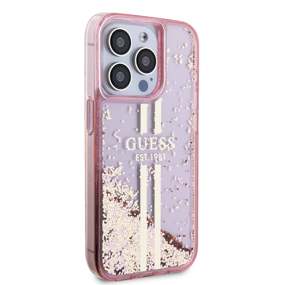 Guess iPhone 15 Pro Orjinal Lisanslı Transparan Sıvılı Simli Altın Çizgili Kılıf