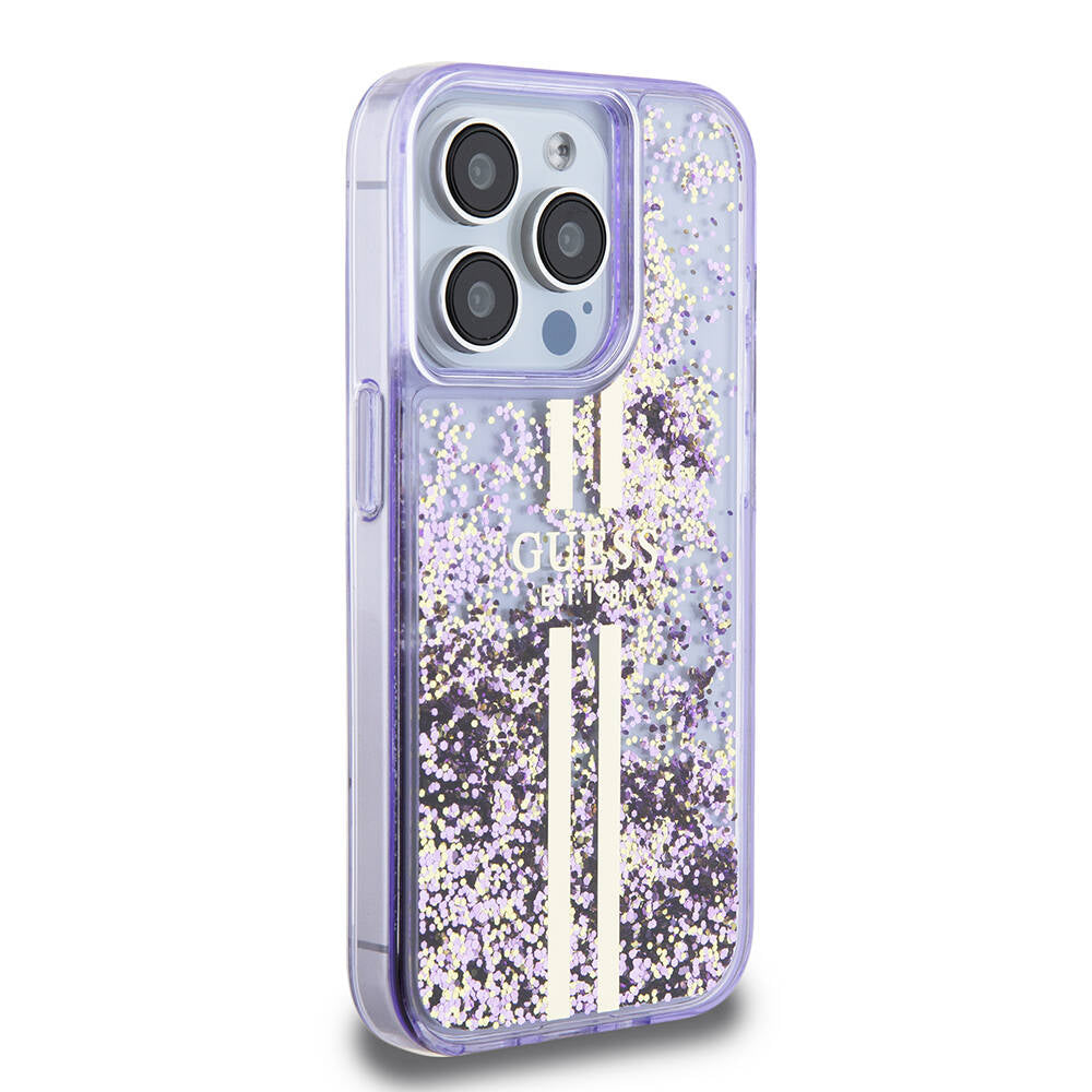 Guess iPhone 15 Pro Orjinal Lisanslı Transparan Sıvılı Simli Altın Çizgili Kılıf