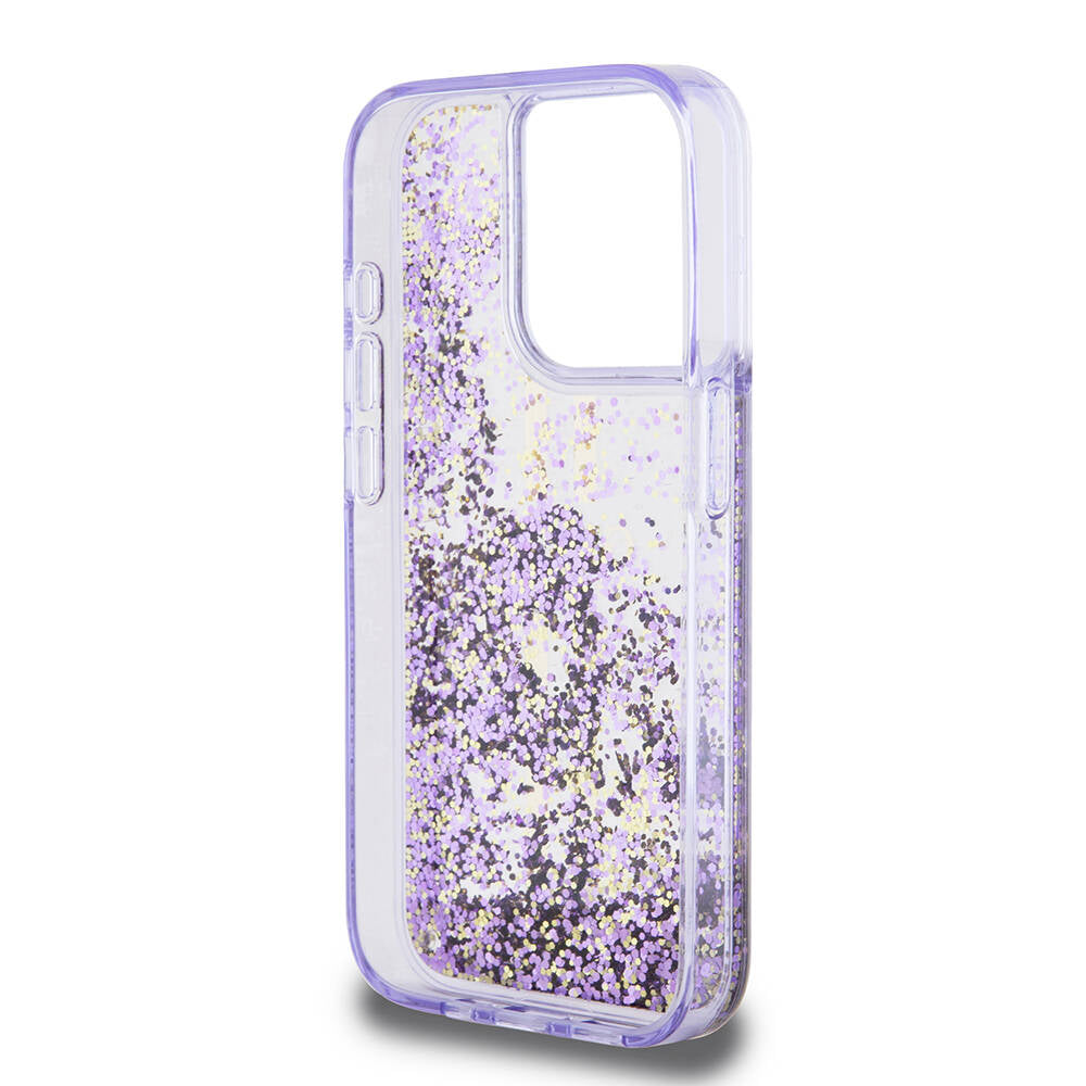 Guess iPhone 15 Pro Orjinal Lisanslı Transparan Sıvılı Simli Altın Çizgili Kılıf