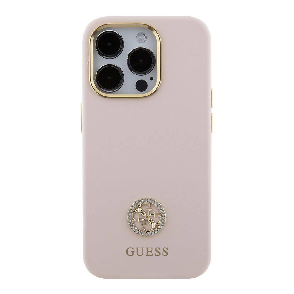 Guess iPhone 15 Pro Orjinal Lisanslı Yazı ve Taşlı 4G Logolu Metal Kamera Çerçeveli Silikon Telefon Kılıfı - 3