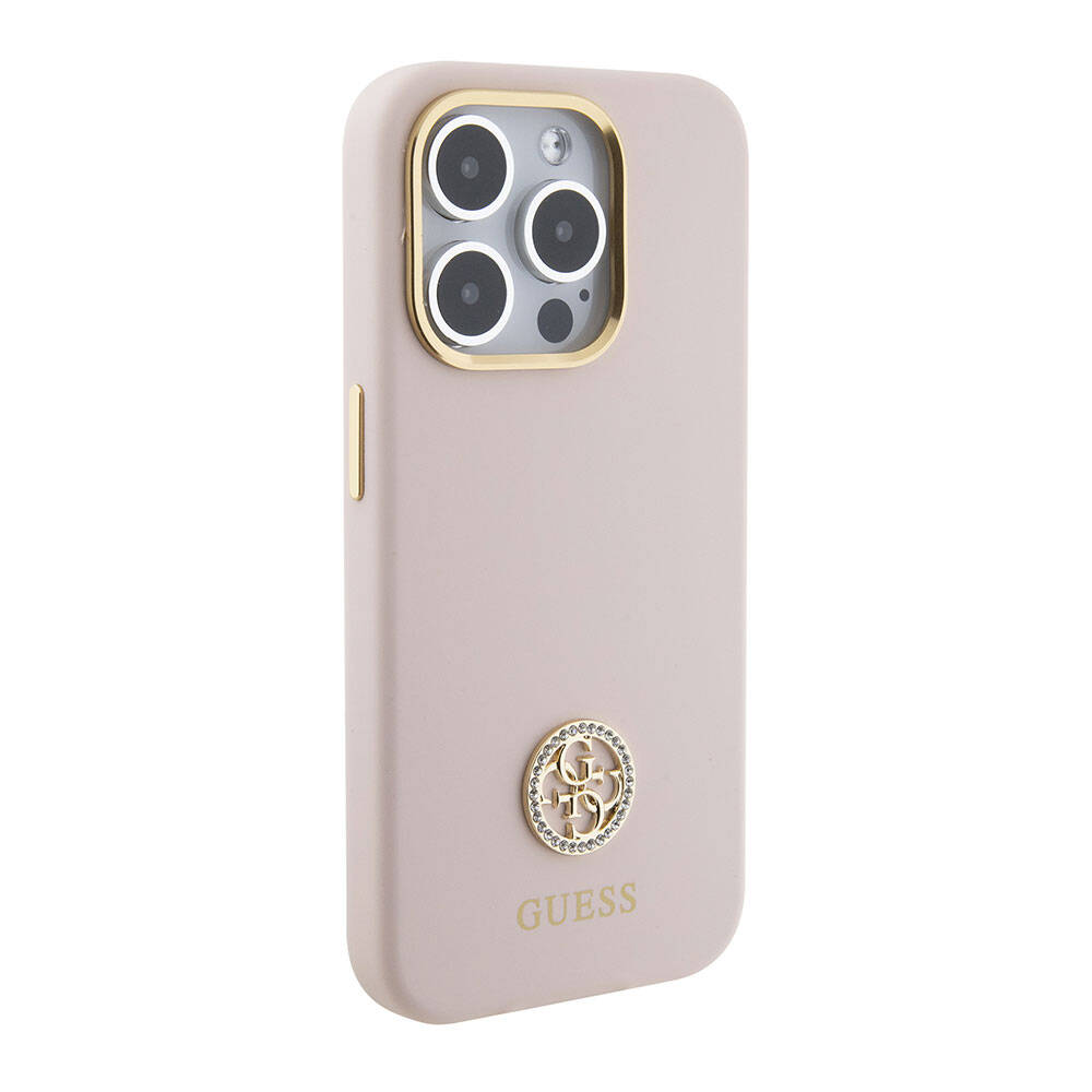 Guess iPhone 15 Pro Orjinal Lisanslı Yazı ve Taşlı 4G Logolu Metal Kamera Çerçeveli Silikon Telefon Kılıfı - 4