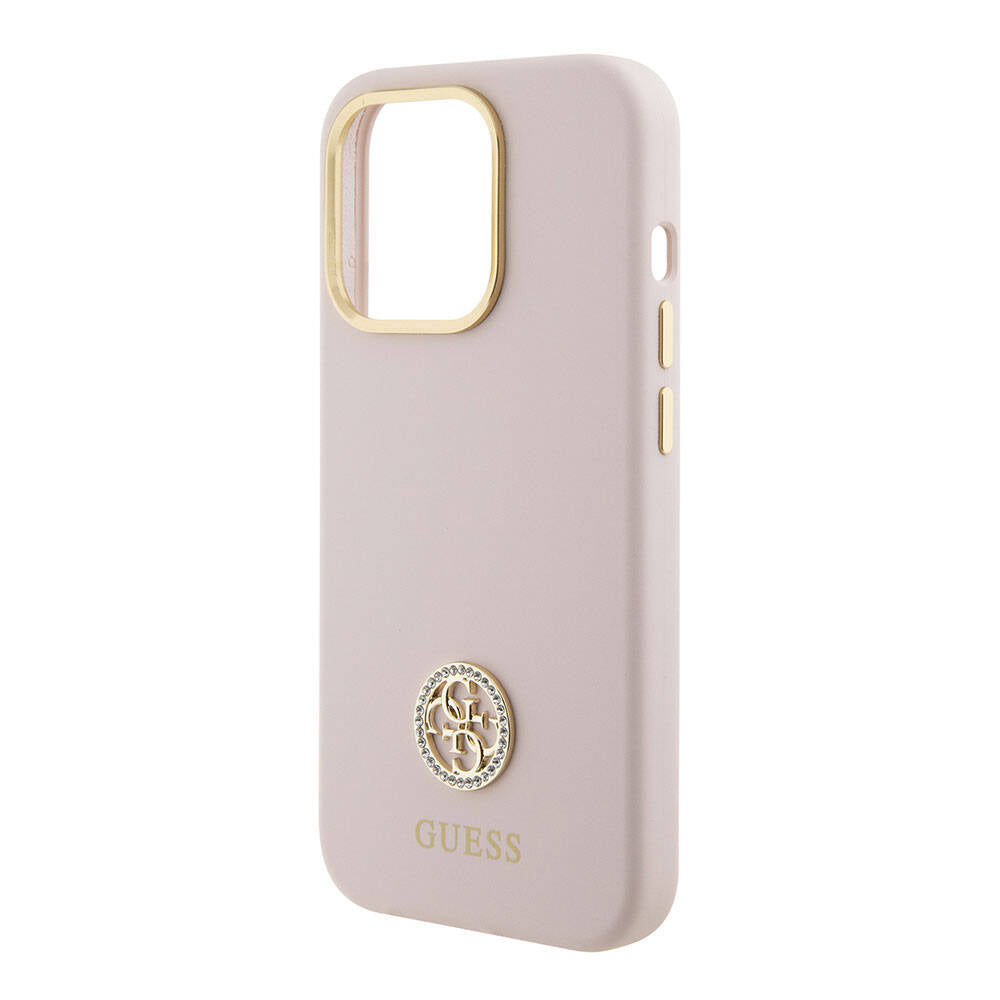 Guess iPhone 15 Pro Orjinal Lisanslı Yazı ve Taşlı 4G Logolu Metal Kamera Çerçeveli Silikon Telefon Kılıfı - 6
