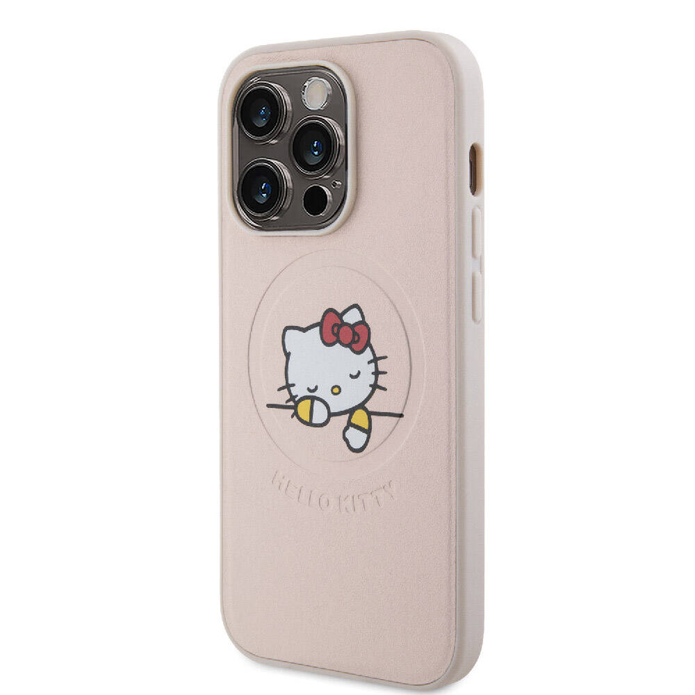 Hello Kitty iPhone 15 Pro Orjinal Lisanslı M-safe Şarj Özellikli Baskı Logolu Uyuyan Kitty Deri Kılıf