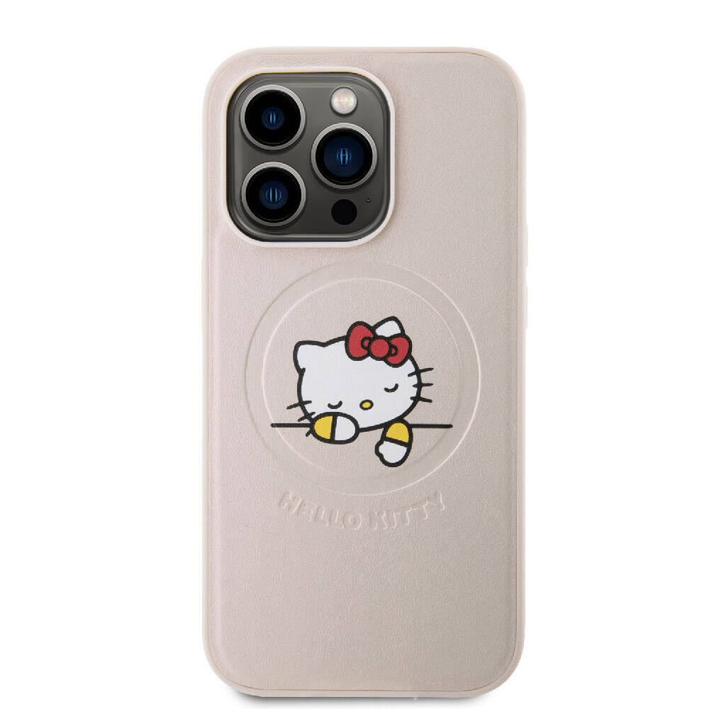 Hello Kitty iPhone 15 Pro Orjinal Lisanslı M-safe Şarj Özellikli Baskı Logolu Uyuyan Kitty Deri Kılıf