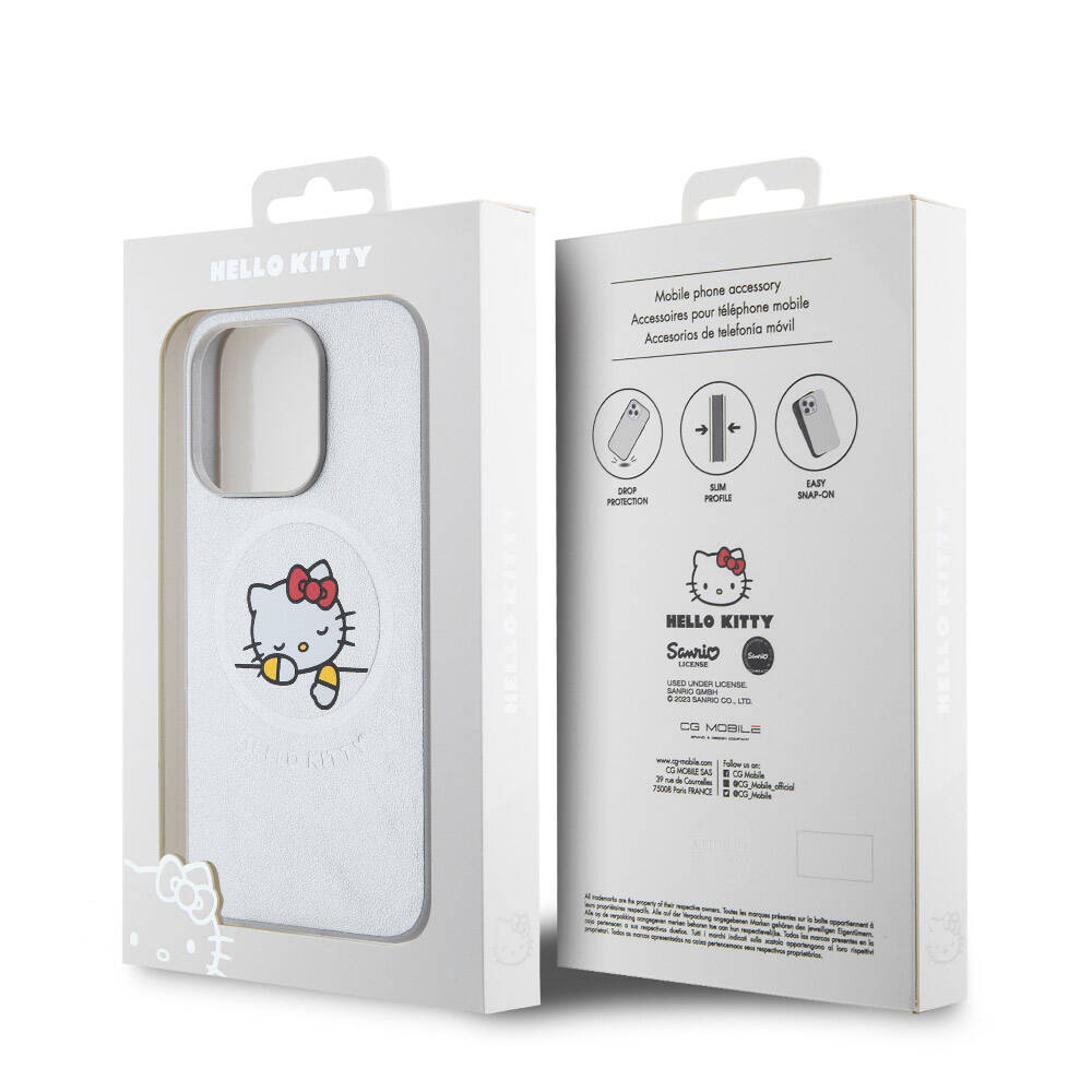 Hello Kitty iPhone 15 Pro Orjinal Lisanslı M-safe Şarj Özellikli Baskı Logolu Uyuyan Kitty Deri Kılıf