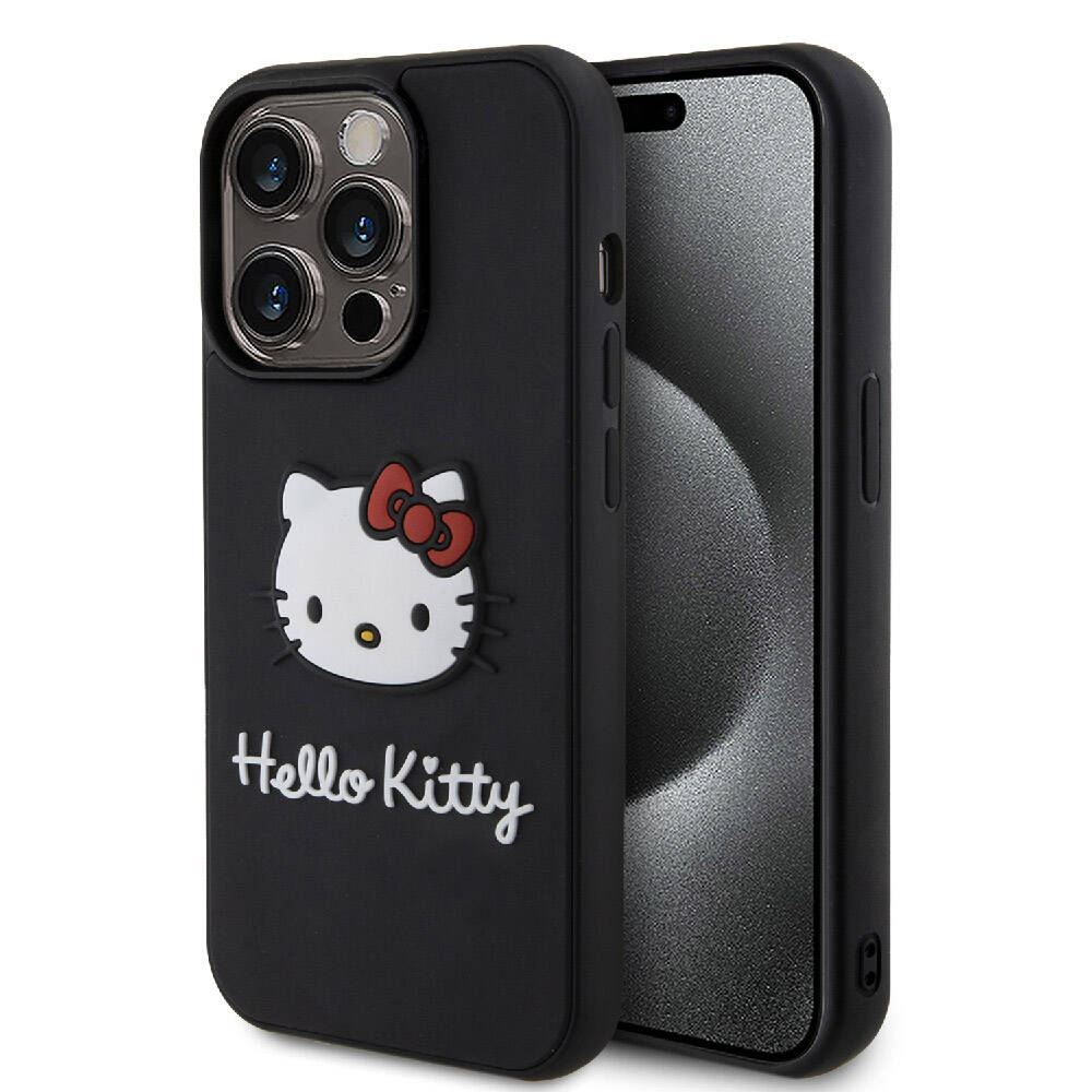 Hello Kitty iPhone 15 Pro Orjinal Lisanslı Yazı ve İkonik Logolu 3D Rubber Kitty Head Kılıf