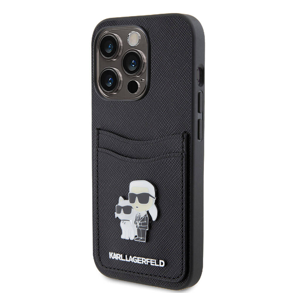 Karl Lagerfeld iPhone 15 Pro Orjinal Lisanslı Metal Logo Kartlıklı Saffiano Telefon Kılıfı - 2