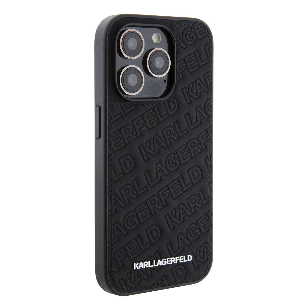 Karl Lagerfeld iPhone 15 Pro Orjinal Lisanslı Metal Yazı Logolu Dikişli Logo Arka Yüzey Kapitone Telefon Kılıfı - 6