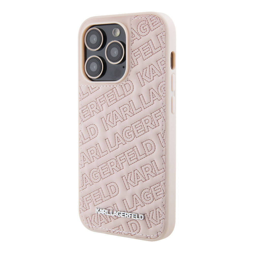 Karl Lagerfeld iPhone 15 Pro Orjinal Lisanslı Metal Yazı Logolu Dikişli Logo Arka Yüzey Kapitone Telefon Kılıfı - 12