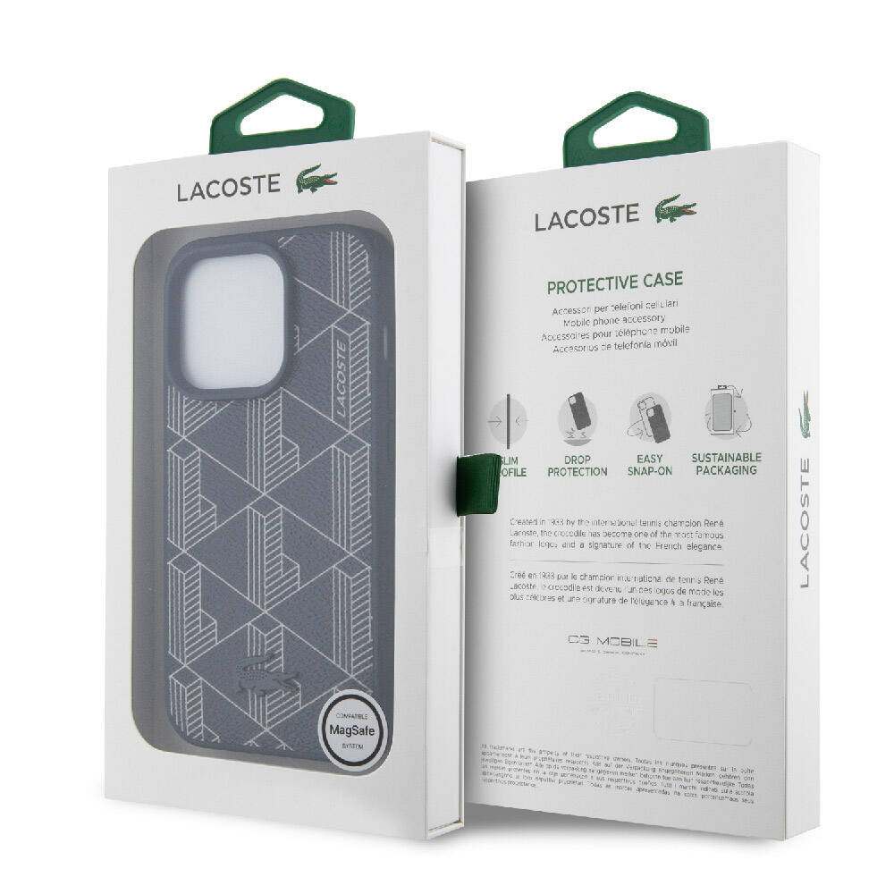 Lacoste iPhone 15 Pro Orjinal Lisanslı Magsafe Şarj Özellikli PU Deri Görünümlü Karışık Monogram Desenli Telefon Kılılfı - 20