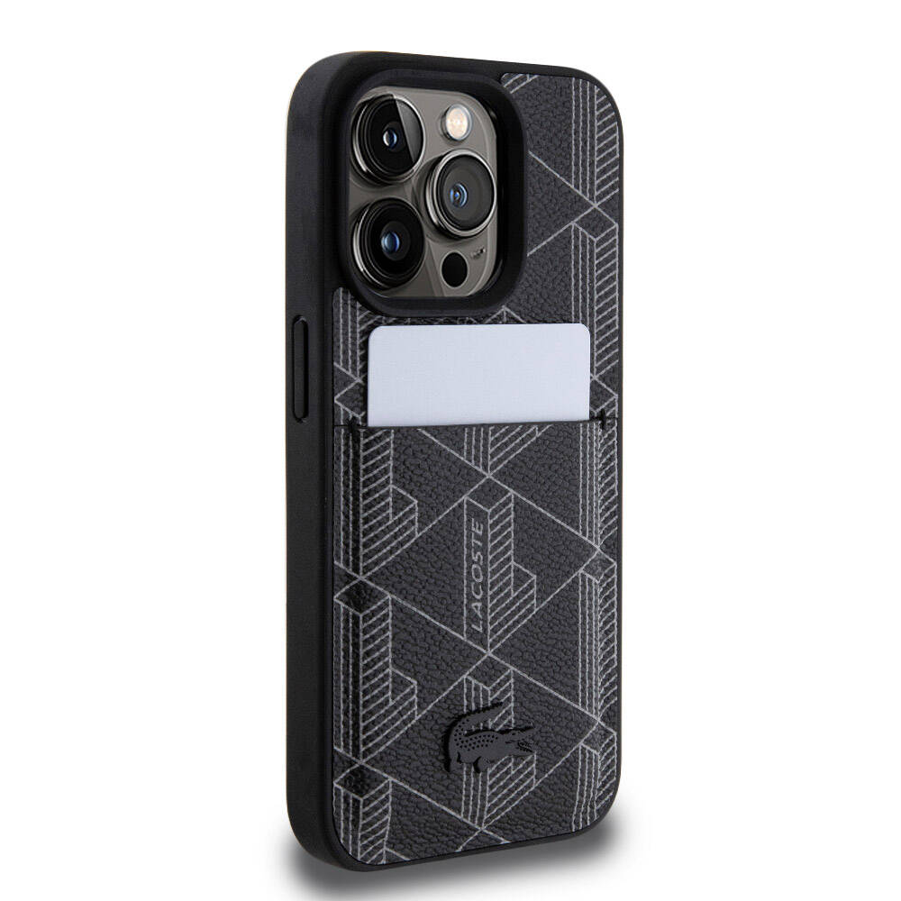 Lacoste iPhone 15 Pro Orjinal Lisanslı Magsafe Şarj Özellikli PU Deri Görünümlü Kartlıklı Karışık Monogram Desenli Telefon Kılıfı - 4