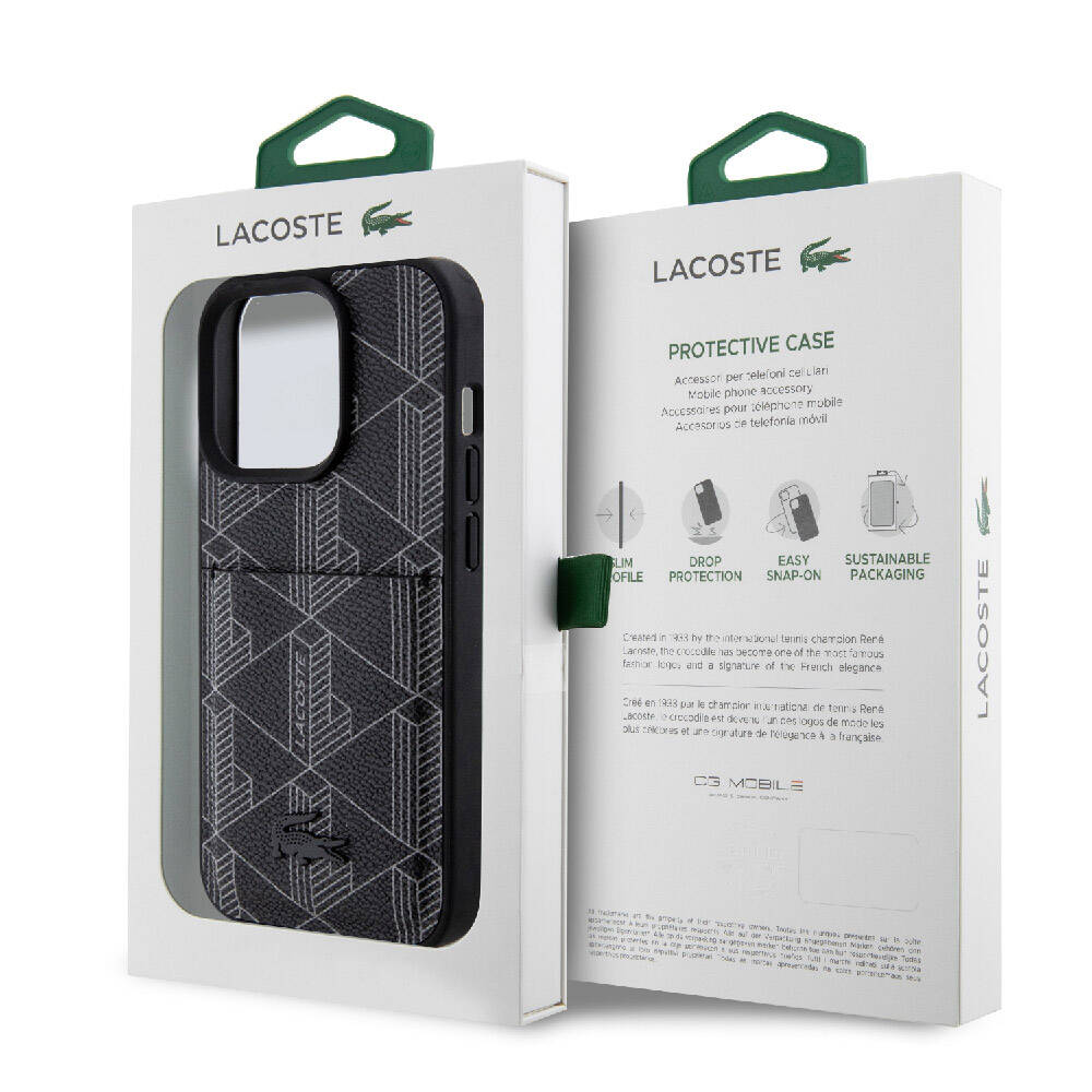 Lacoste iPhone 15 Pro Orjinal Lisanslı Magsafe Şarj Özellikli PU Deri Görünümlü Kartlıklı Karışık Monogram Desenli Telefon Kılıfı - 8