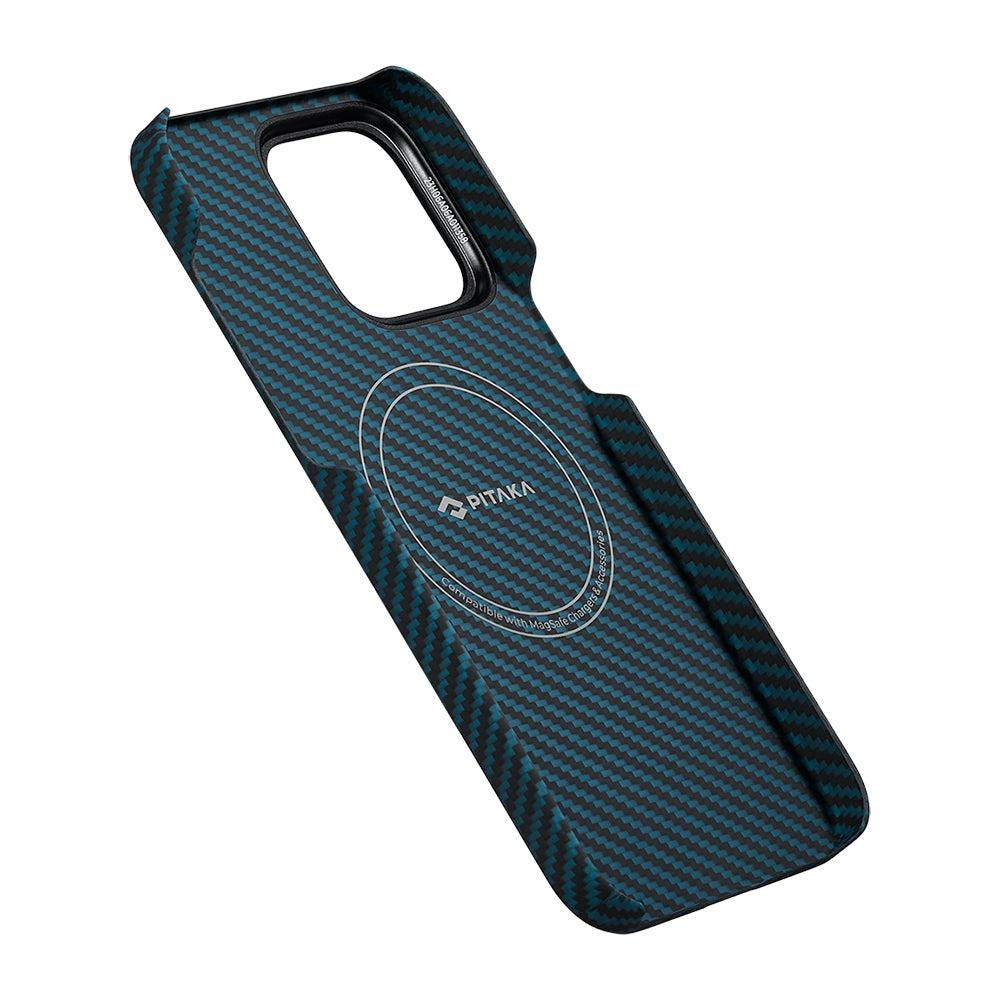 Pitaka Ultra-Slim Classic Serisi iPhone 15 Pro M-safe Şarj Özellikli 1500D Aramid Fiber Black-Blue Twill Kılıf