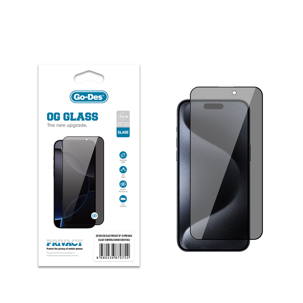 Go Des OG Glass Go Des OG Glass iPhone 15 Pro Max Privacy Antistatik Temperli Cam Ekran Koruyucu