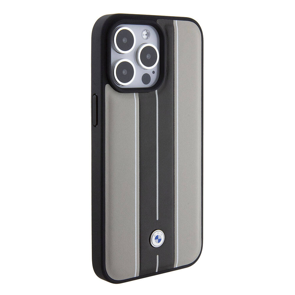 BMW iPhone 15 Pro Orjinal Lisanslı Deri Arka Yüzey Metal Logolu Çift Şerit Tasarımlı Kılıf