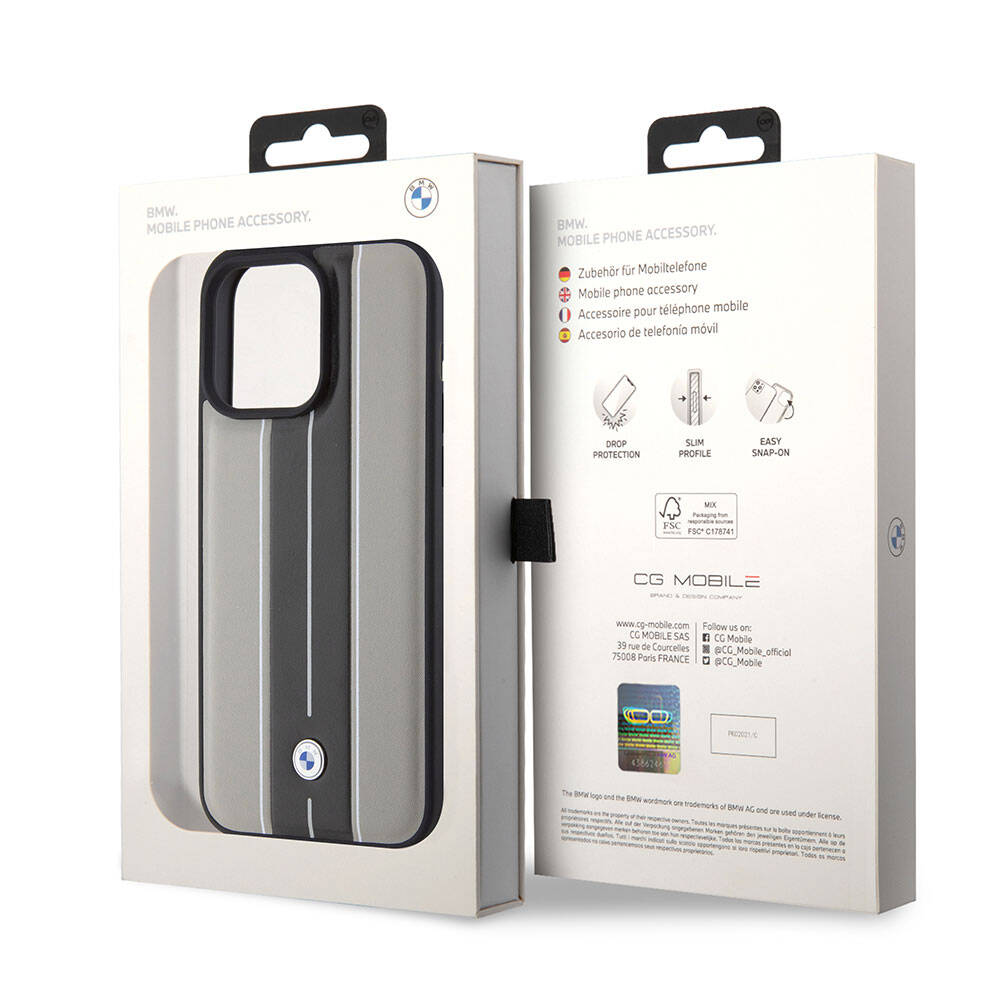 BMW iPhone 15 Pro Orjinal Lisanslı Deri Arka Yüzey Metal Logolu Çift Şerit Tasarımlı Kılıf