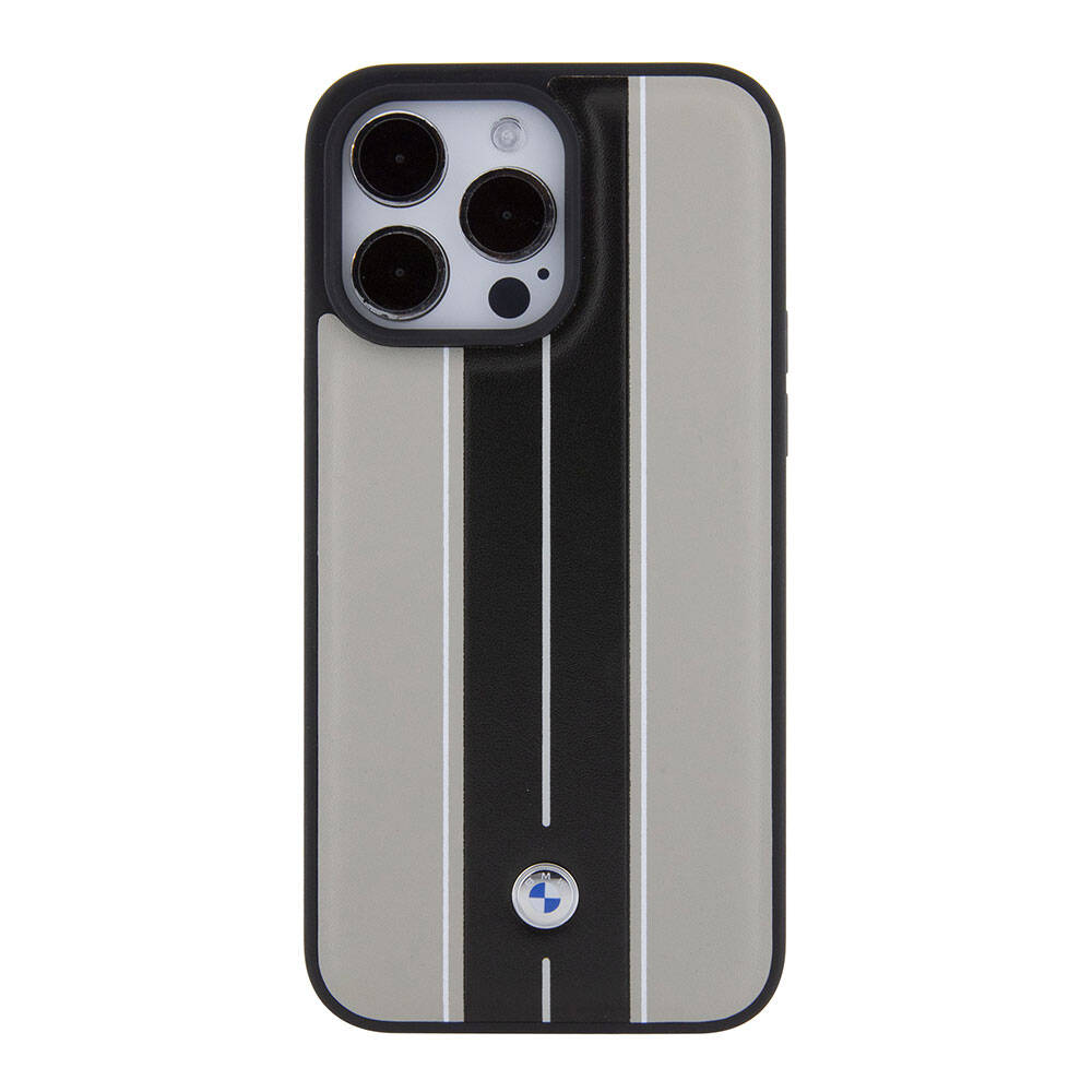 BMW iPhone 15 Pro Max Orjinal Lisanslı Deri Arka Yüzey Metal Logolu Çift Şerit Tasarımlı Telefon Kılıfı - 3