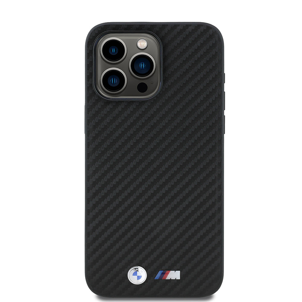 BMW iPhone 15 Pro Max Orjinal Lisanslı Karbon Fiber Tasarımlı ve Metal Logolu PU Deri Telefon Kılıfı
