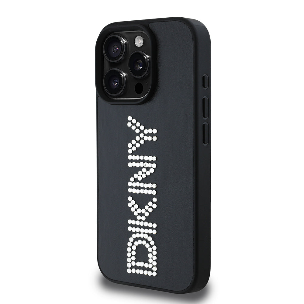DKNY iPhone 15 Pro Max Orjinal Lisanslı Taşlı DKNY Yazılı Metalik Rhinestones PU Deri Kılıf