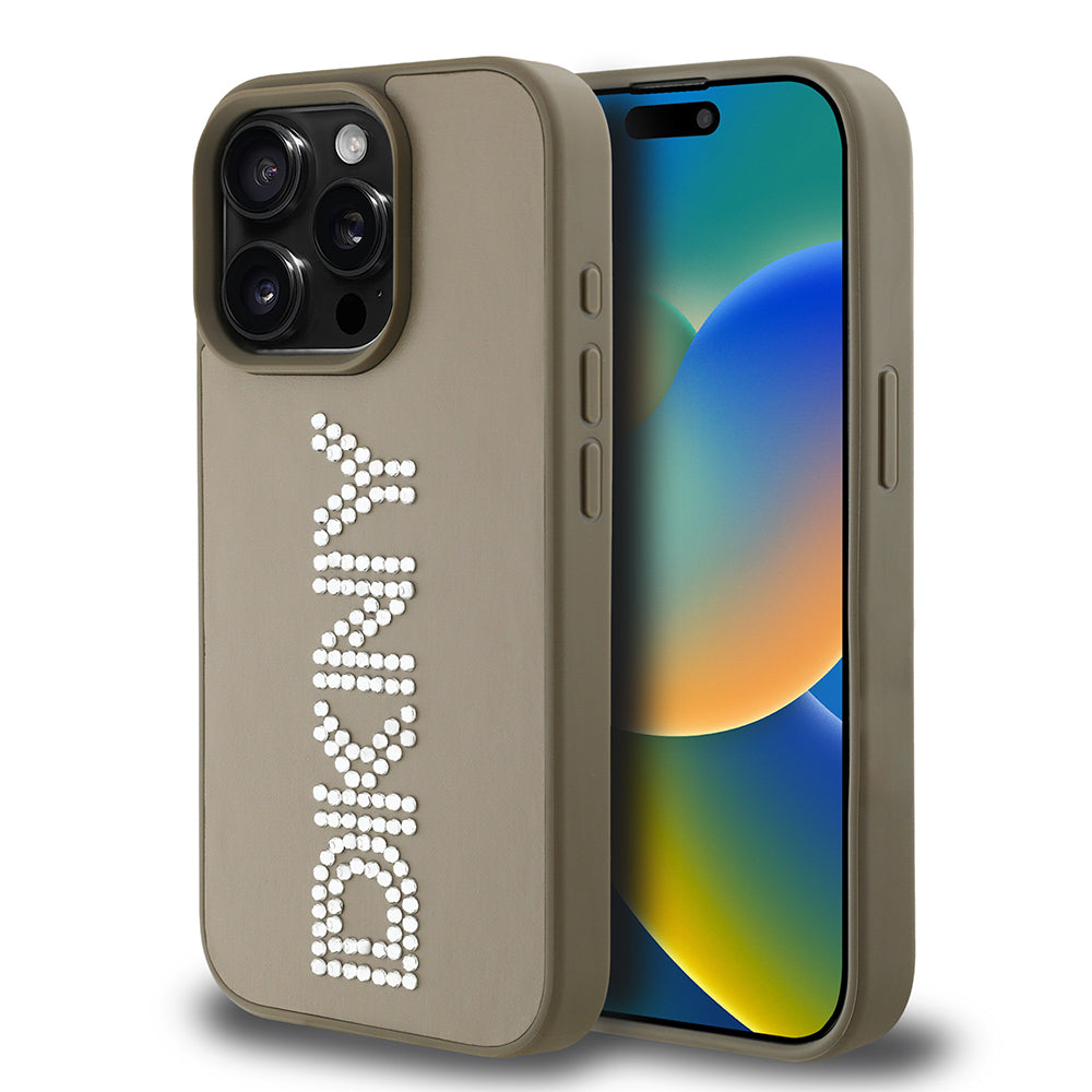 DKNY iPhone 15 Pro Max Orjinal Lisanslı Taşlı DKNY Yazılı Metalik Rhinestones PU Deri Kılıf