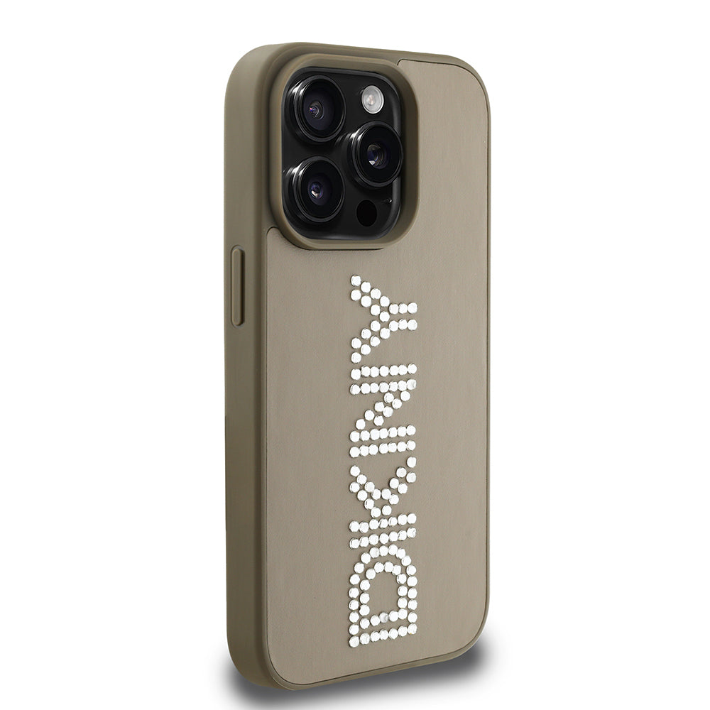 DKNY iPhone 15 Pro Max Orjinal Lisanslı Taşlı DKNY Yazılı Metalik Rhinestones PU Deri Kılıf