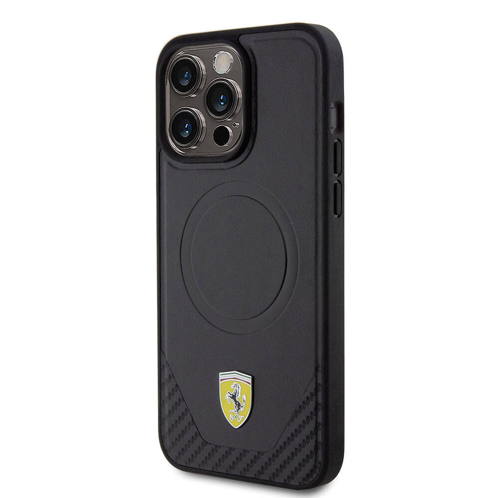 Ferrari iPhone 15 Pro Max Orjinal Lisanslı M-safe Şarj Özellikli Metal Logolu PU Karbon Kılıf
