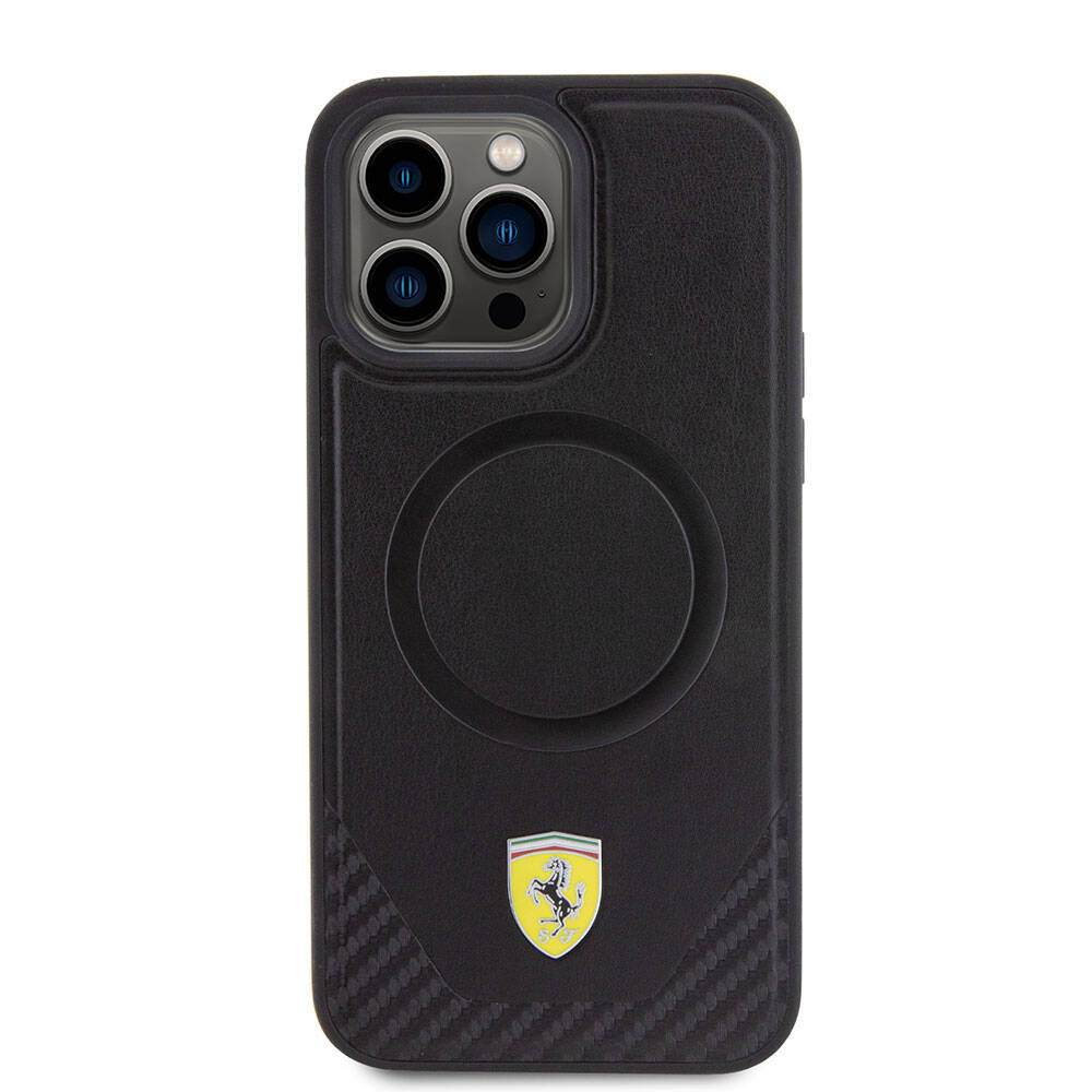 Ferrari iPhone 15 Pro Max Orjinal Lisanslı M-safe Şarj Özellikli Metal Logolu PU Karbon Kılıf