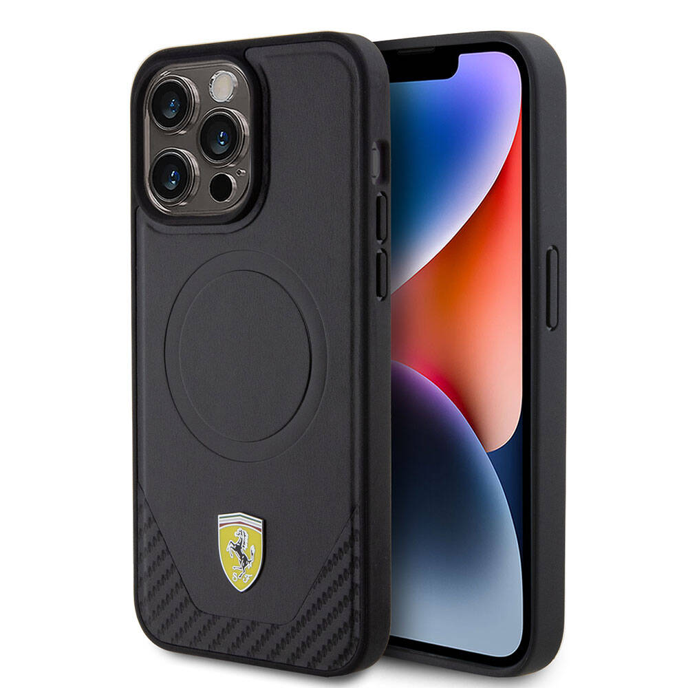 Ferrari iPhone 15 Pro Max Orjinal Lisanslı M-safe Şarj Özellikli Metal Logolu PU Karbon Kılıf
