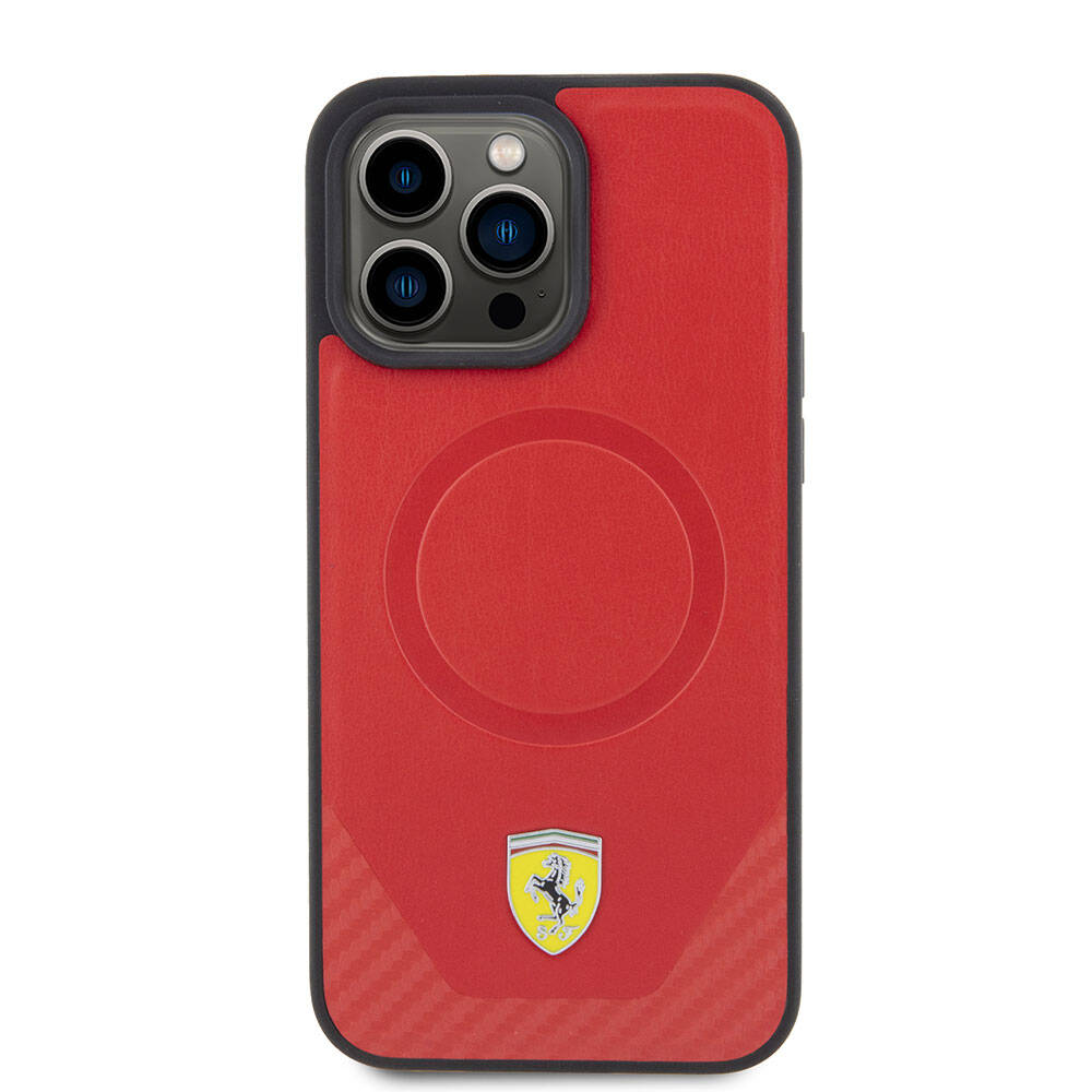 Ferrari iPhone 15 Pro Max Orjinal Lisanslı M-safe Şarj Özellikli Metal Logolu PU Karbon Kılıf