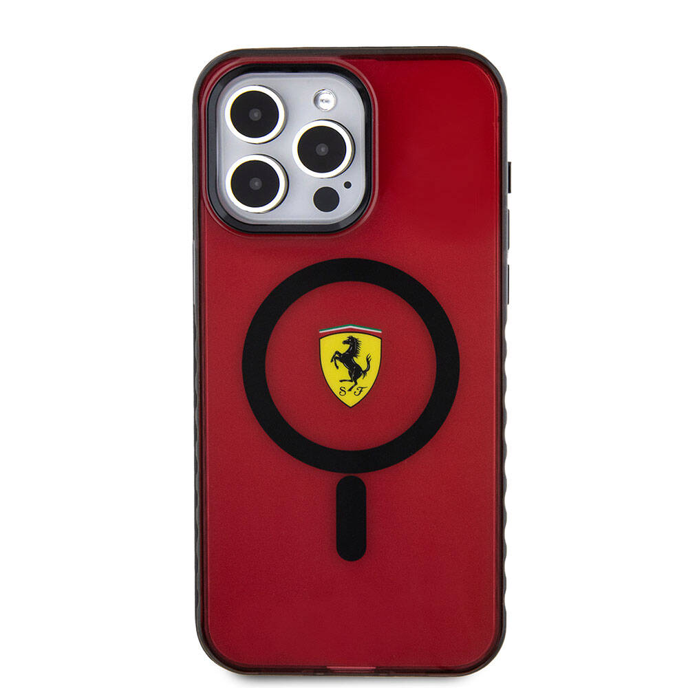 Ferrari iPhone 15 Pro Max Orjinal Lisanslı M-safe Şarj Özellikli Tırtıklı Kenar Tasarımlı Ortalanmış Logo Kılıf