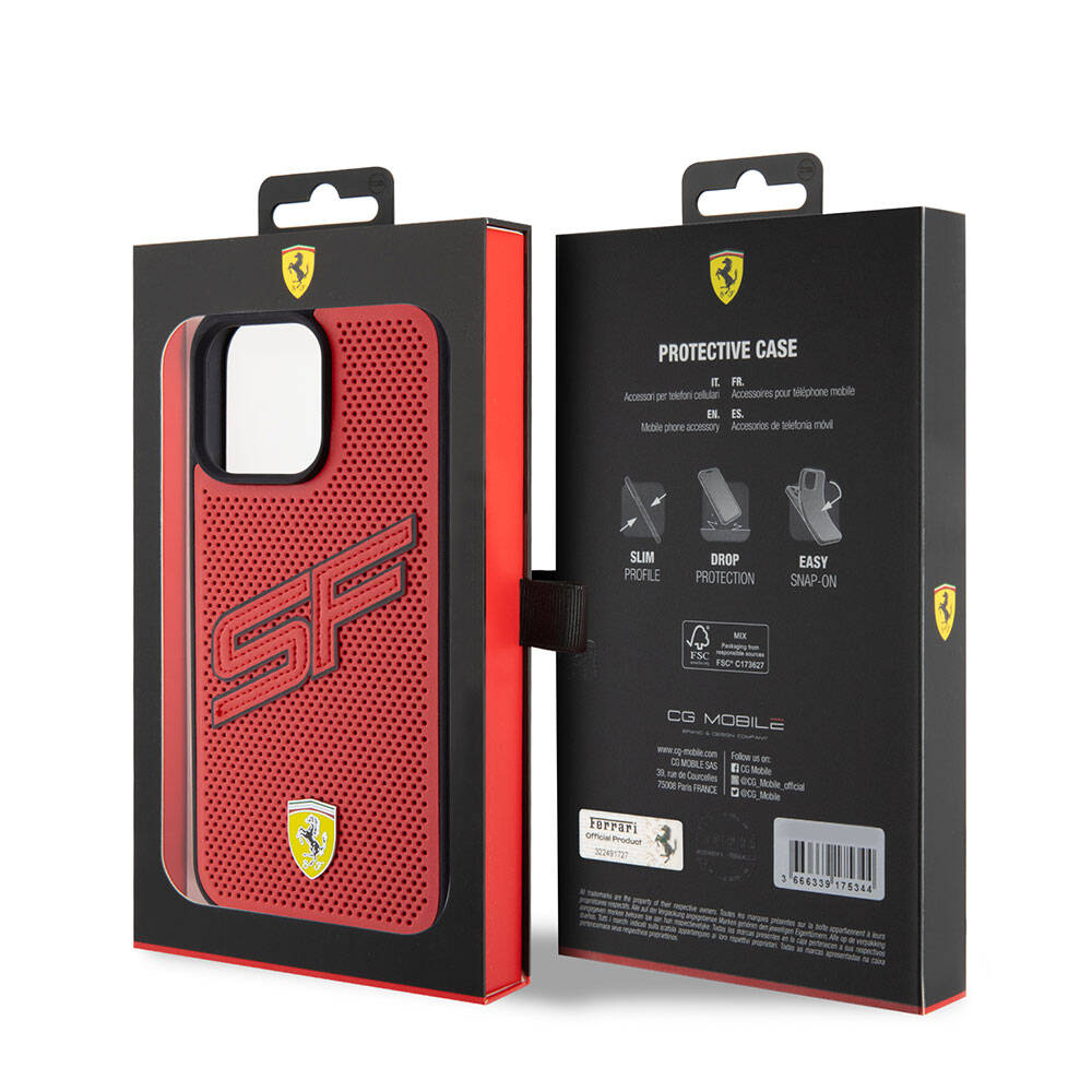 Ferrari iPhone 15 Pro Max Orjinal Lisanslı PU Delikli Arka Yüzey Metal Logolu Dikişli Büyük SF Yazılı Kılıf