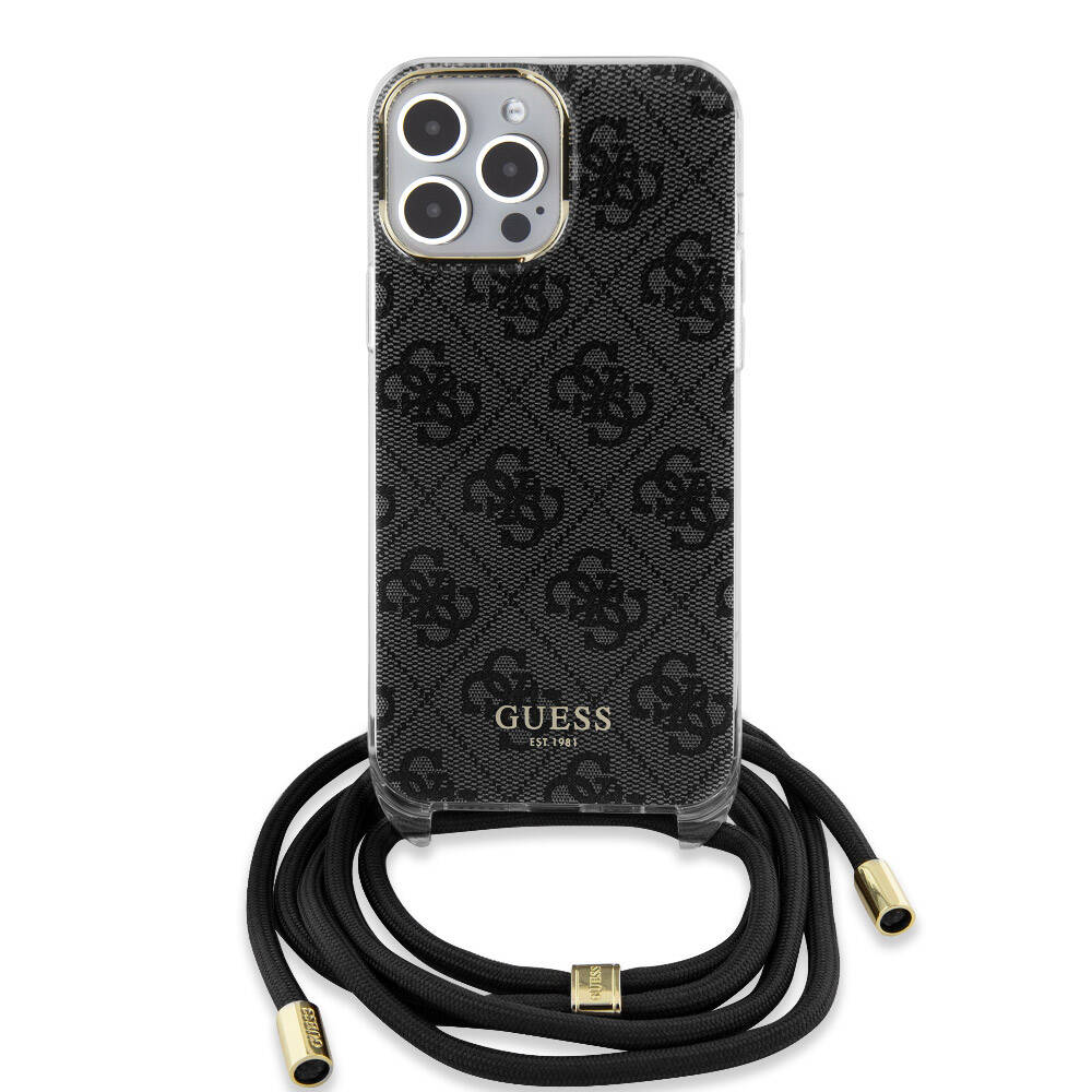 Guess iPhone 15 Pro Max Orjinal Lisanslı Çapraz Kordon 4G Desenli Kılıf