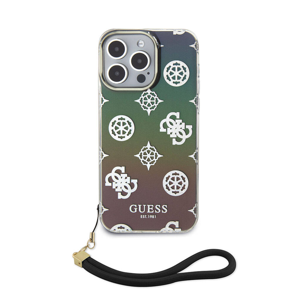 Guess iPhone 15 Pro Max Orjinal Lisanslı Desenli Yazı Logolu Askı İpli Holografik Glitter Peony Telefon Kılıfı - 2