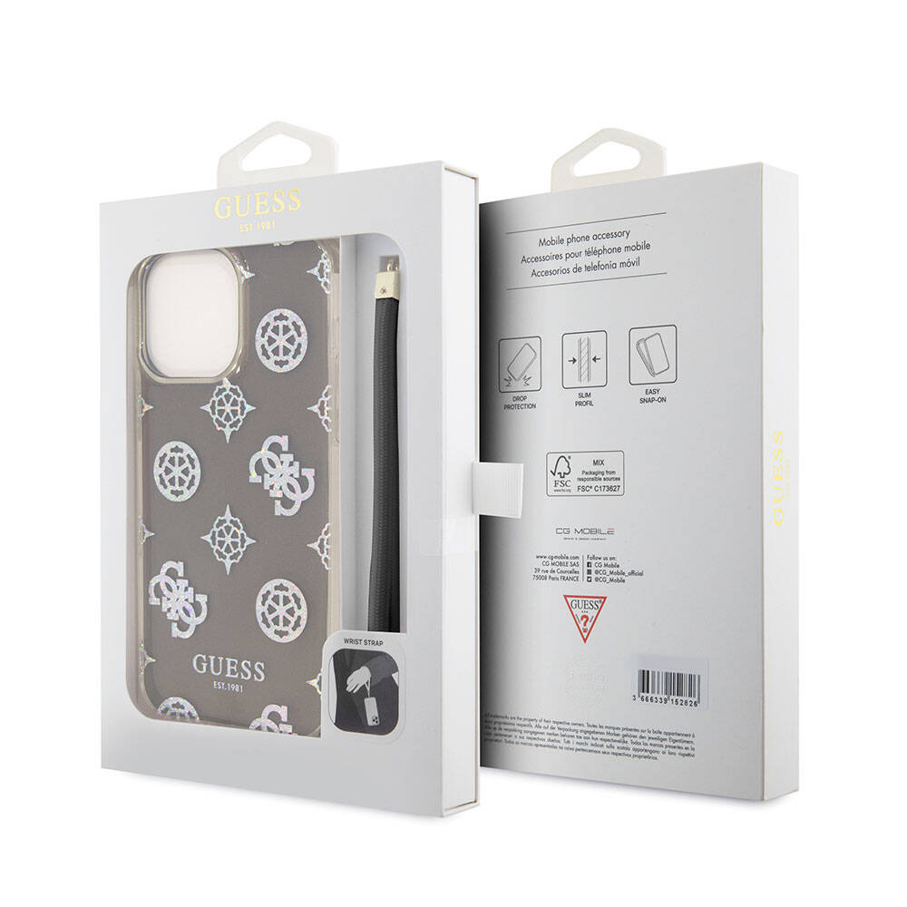 Guess iPhone 15 Pro Max Orjinal Lisanslı Desenli Yazı Logolu Askı İpli Holografik Glitter Peony Telefon Kılıfı - 6