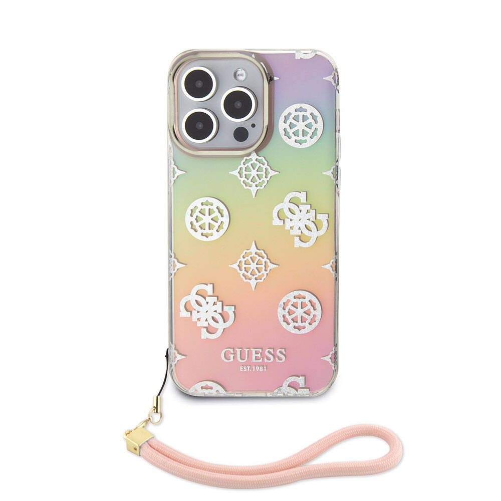 Guess iPhone 15 Pro Max Orjinal Lisanslı Desenli Yazı Logolu Askı İpli Holografik Glitter Peony Telefon Kılıfı - 7